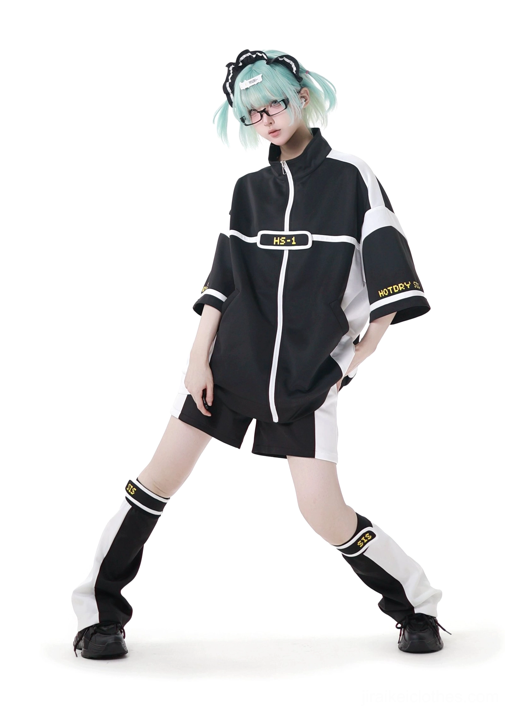 Black version Jirai Kei sporty outfit three quarter front stance wide legs branded jacket details