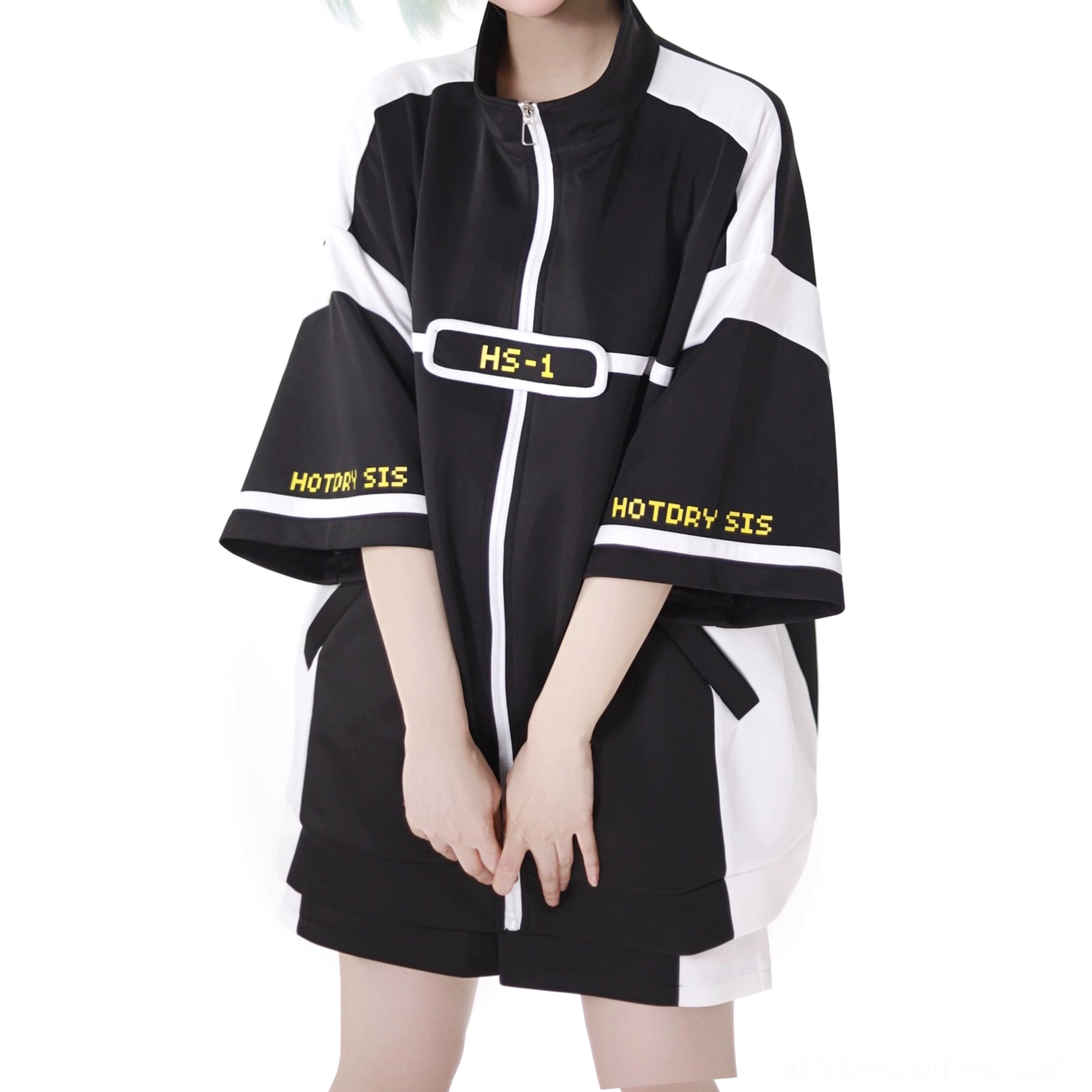 Black and white Jirai Kei sporty complete set full ensemble jacket shorts leg warmers