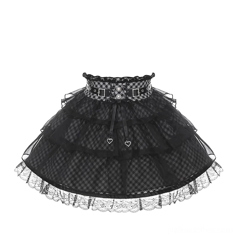 Jirai Kei black and white plaid skirt with sheer tulle overlay high-waisted cut layered texture flattering silhouette standalone product view
