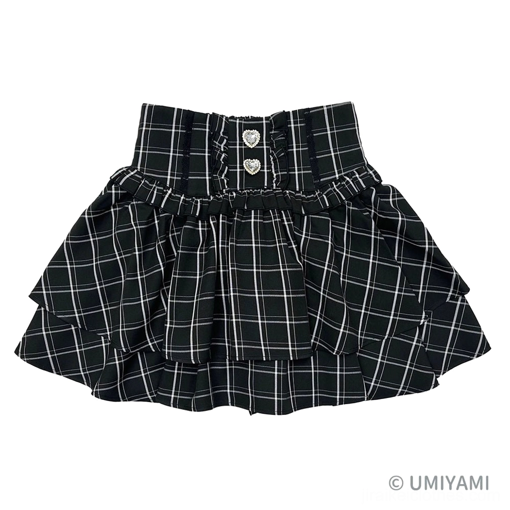 Black and white plaid jirai kei tiered mini skirt structured pattern, geometric design with dramatic ruffles, classic jirai kei pattern