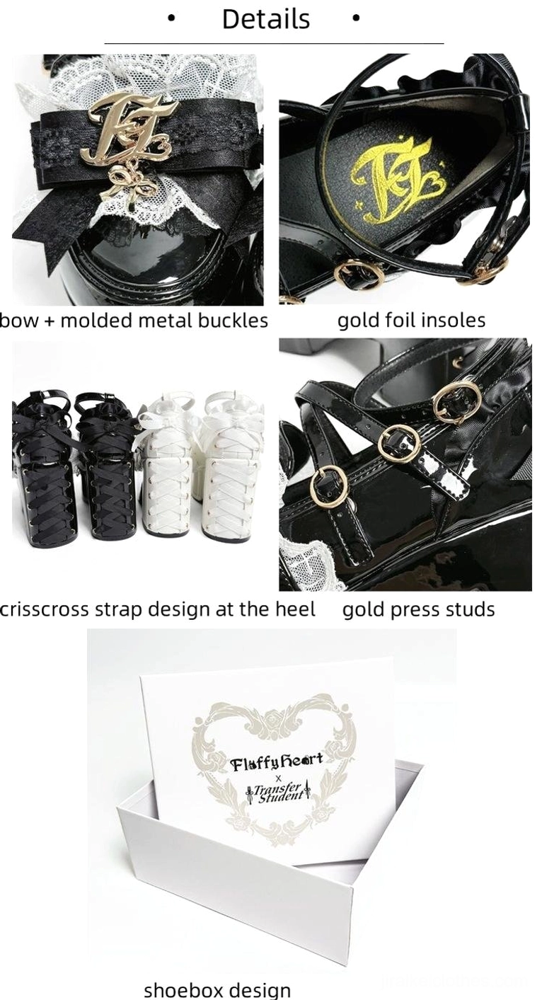 Overhead view of black and white Jirai Kei patent leather platform heels arranged showing color contrast design silhouette and proportional platform-to-heel ratio