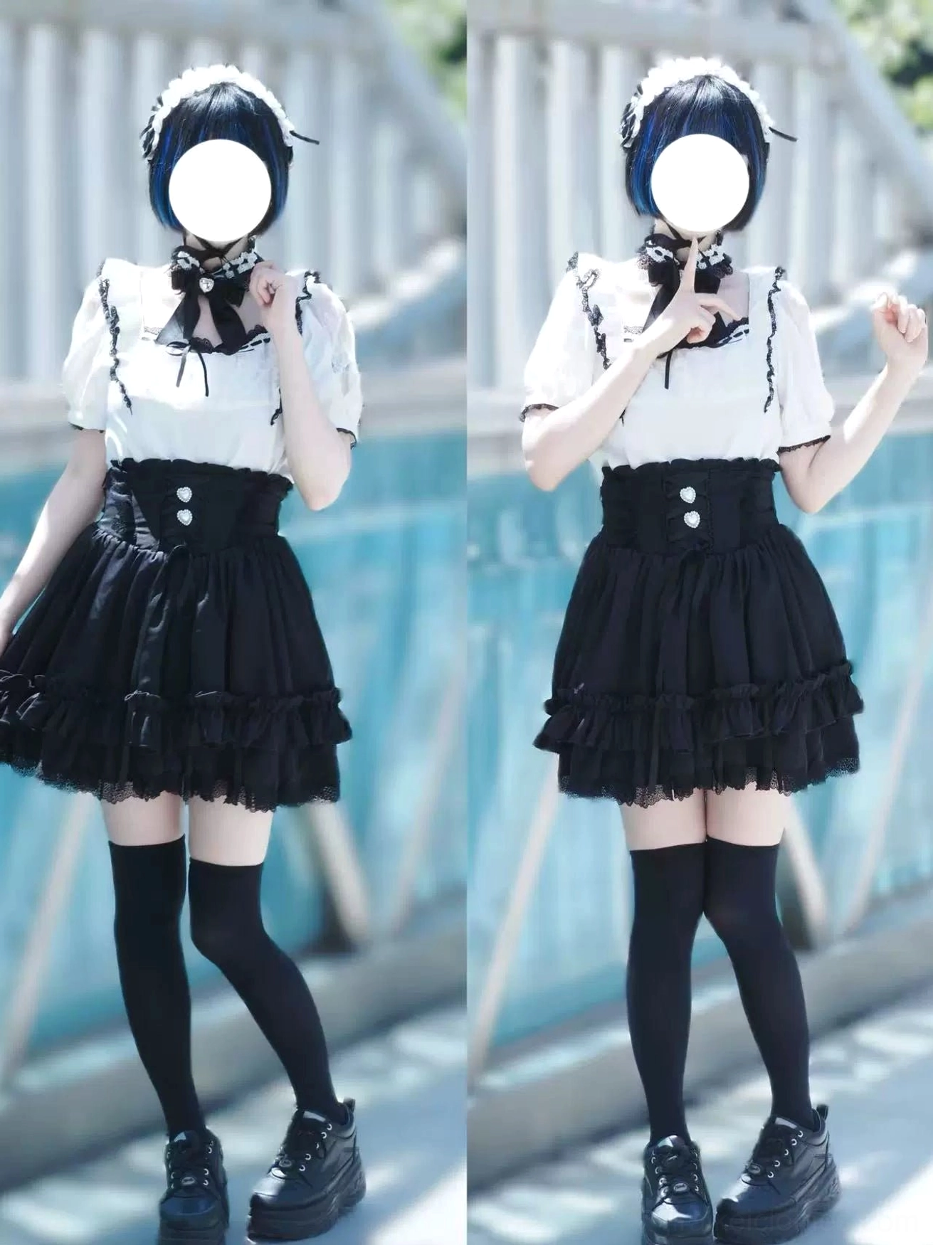 black-white-jirai-kei-outfit-outdoor-styling-thigh-high-socks-platform-shoes-pedestrian-overpass