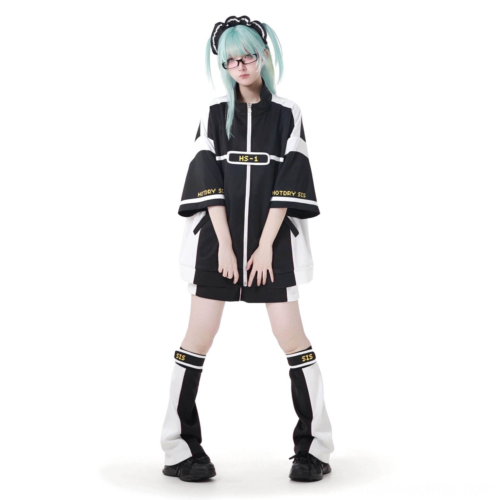 Black and white Jirai Kei sporty jacket half sleeve zip front full body studio shot single model