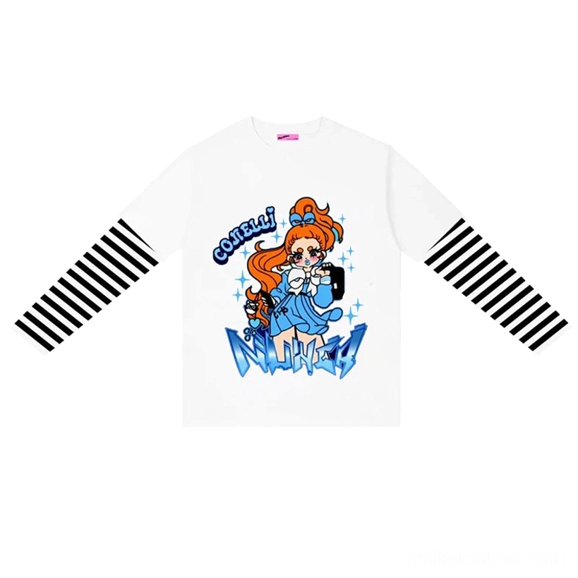 Jirai kei black-white striped false two-piece long sleeve punk tee jk girl anime character graphic design