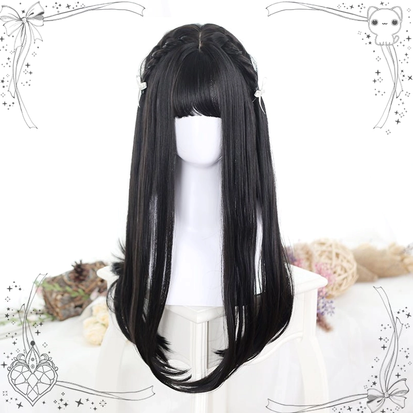 Black Jirai Kei wig three-quarter front view with full blunt bangs, subtle inward-curled ends, and small decorative hair clips showcasing styling versatility