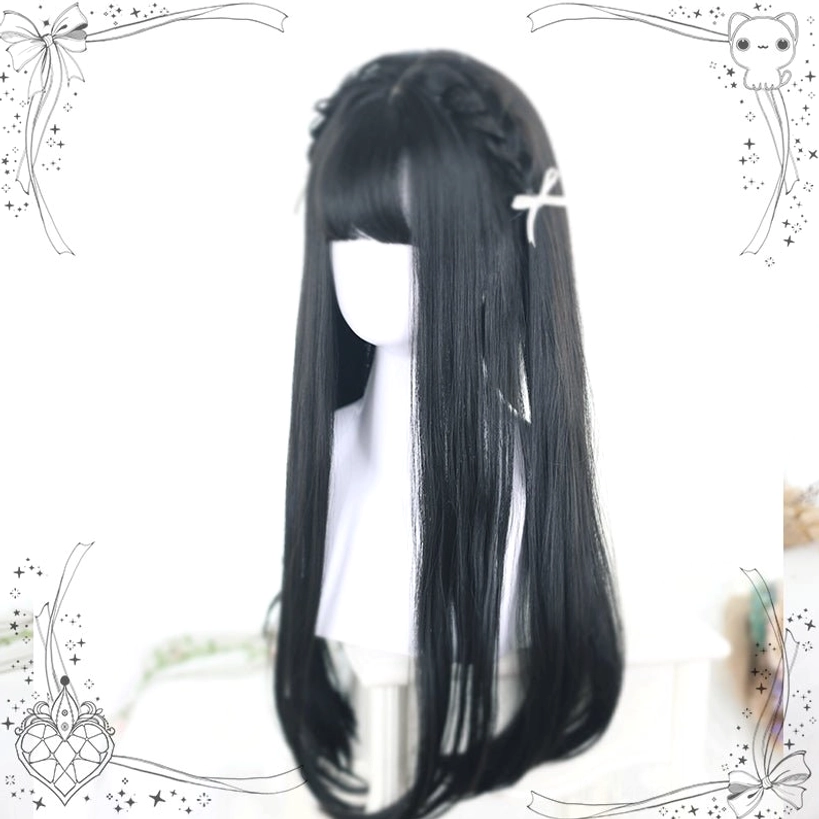 Black Jirai Kei wig with white bow clip accessory on side-front angle, displaying versatile styling options and accessory integration for personalized fashion statements