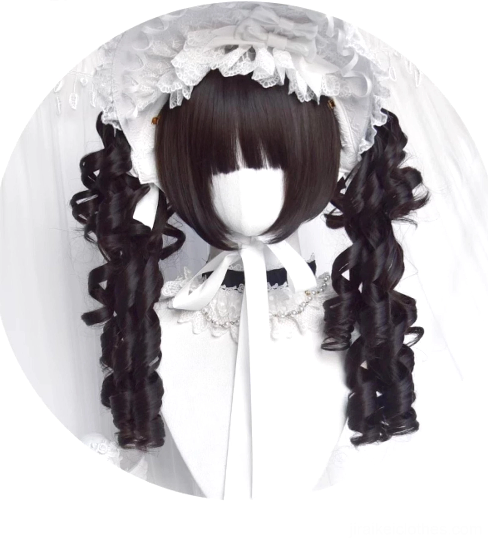 Jirai Kei black bangs wig with white lace headband maid style and white neck bow on circular frame mannequin