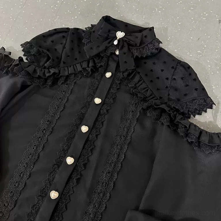 Back view of jirai kei off-shoulder blouse showing open-shoulder design and lace trim construction