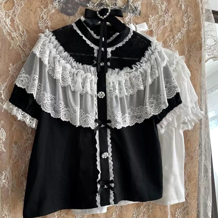 Black and white Jirai Kei blouse convertible sleeves showing long sleeve extended styling versatility option