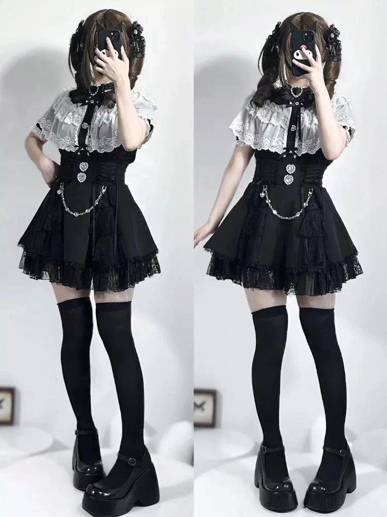 Black and white Jirai Kei blouse outfit three-quarter front mirror perspective with platform heels and waist chain decoration