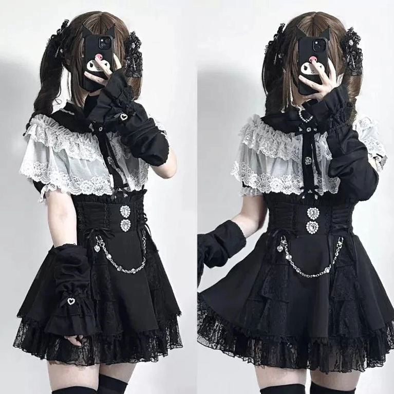 Black and white Jirai Kei long sleeve blouse outfit with detachable cuffs ruffle hem and matching gloves with platform shoes