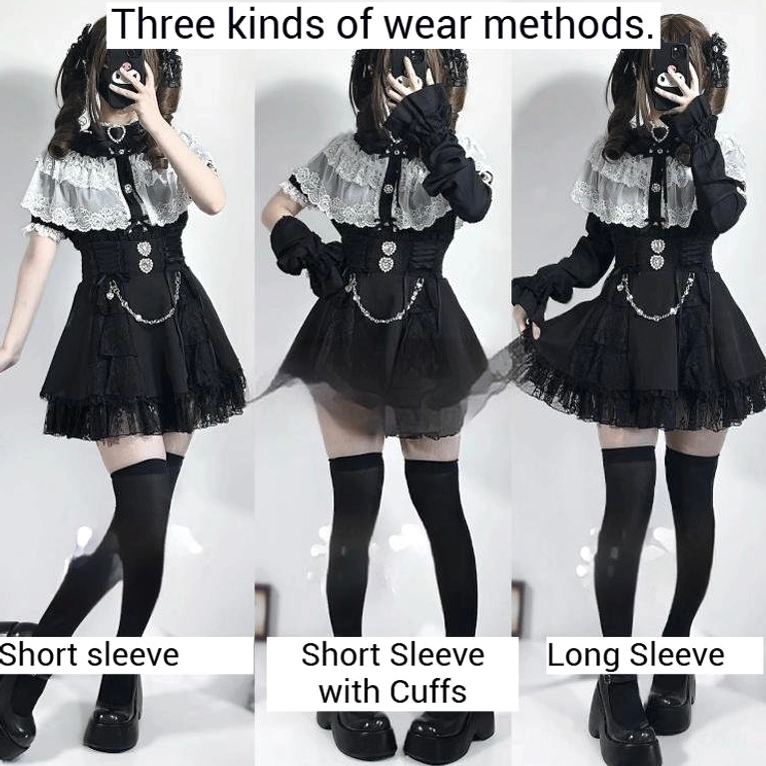 Three wear ways conversion guide for Jirai Kei blouse showing short sleeves long sleeves and arm warmer styling options
