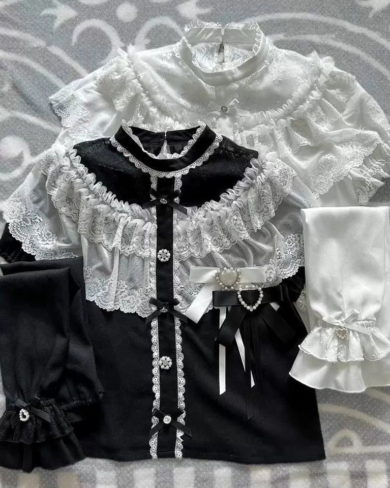 Jirai Kei blouse thickened crinkled chiffon fabric texture and lace trim embroidery detail photography