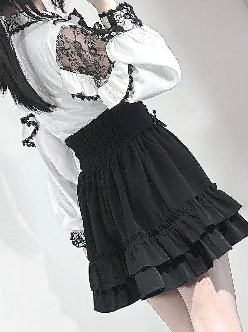 White Jirai Kei blouse detachable bow tie collar and sleeve design, showcasing removable styling element and extended sleeve with strategic lace accents