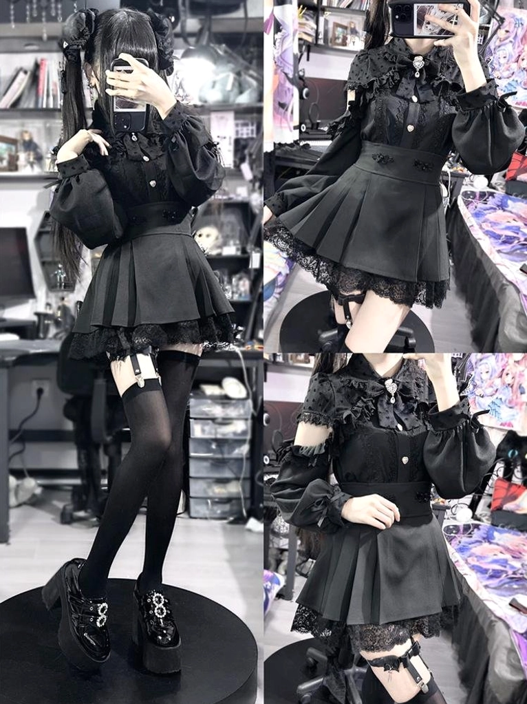 Detachable collar bow component of jirai kei blouse showing construction and attachment mechanism