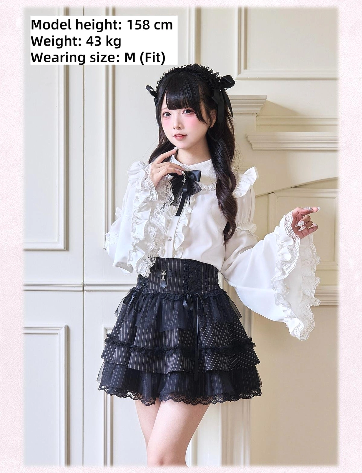 Premium Jirai Kei blouse with detachable princess sleeves peter pan collar cross bow and lace ruffle details product lifestyle photography