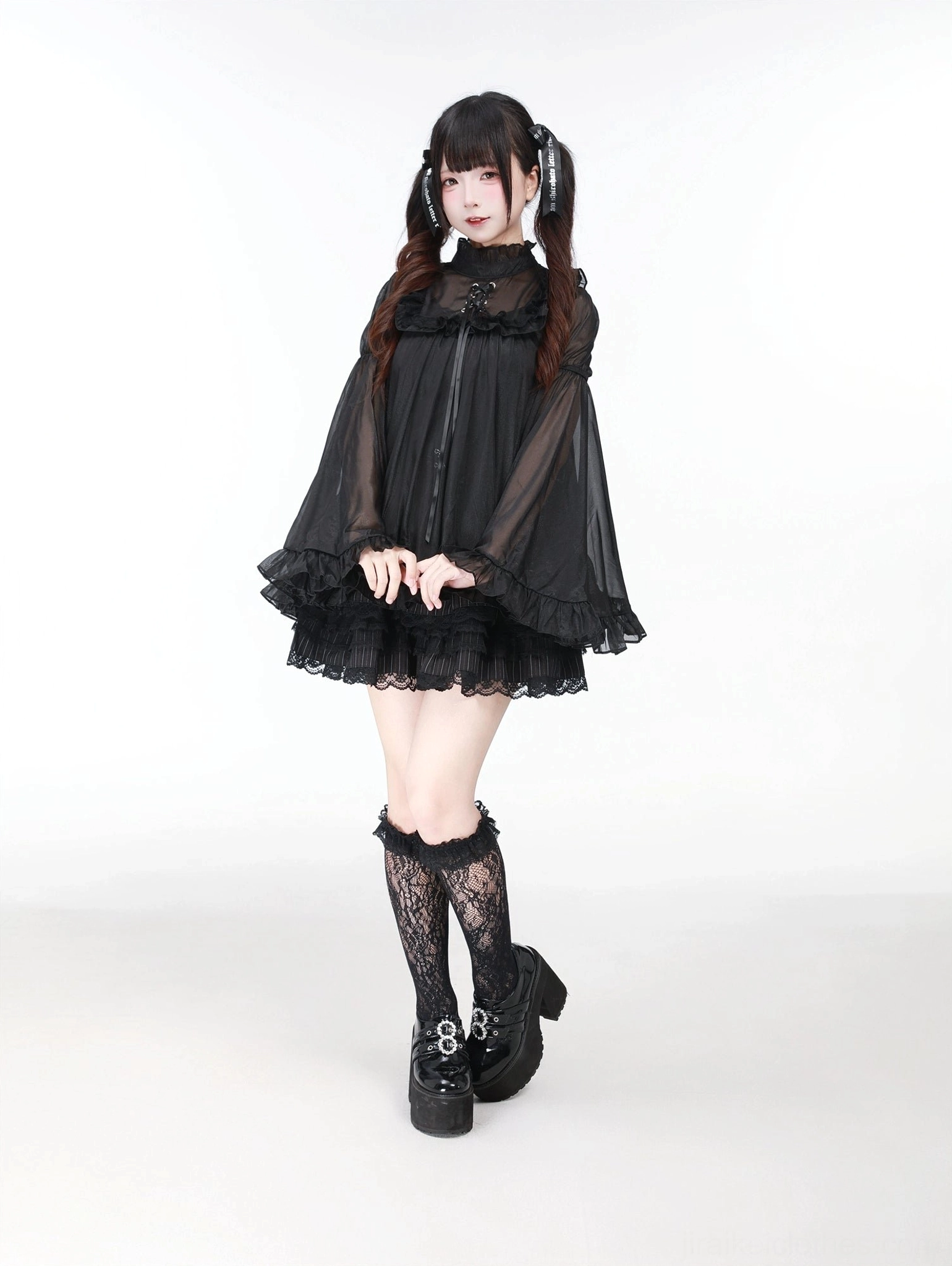 Jirai Kei two-piece set fabric layering detail sheer blouse over textured jumper dress see-through effect