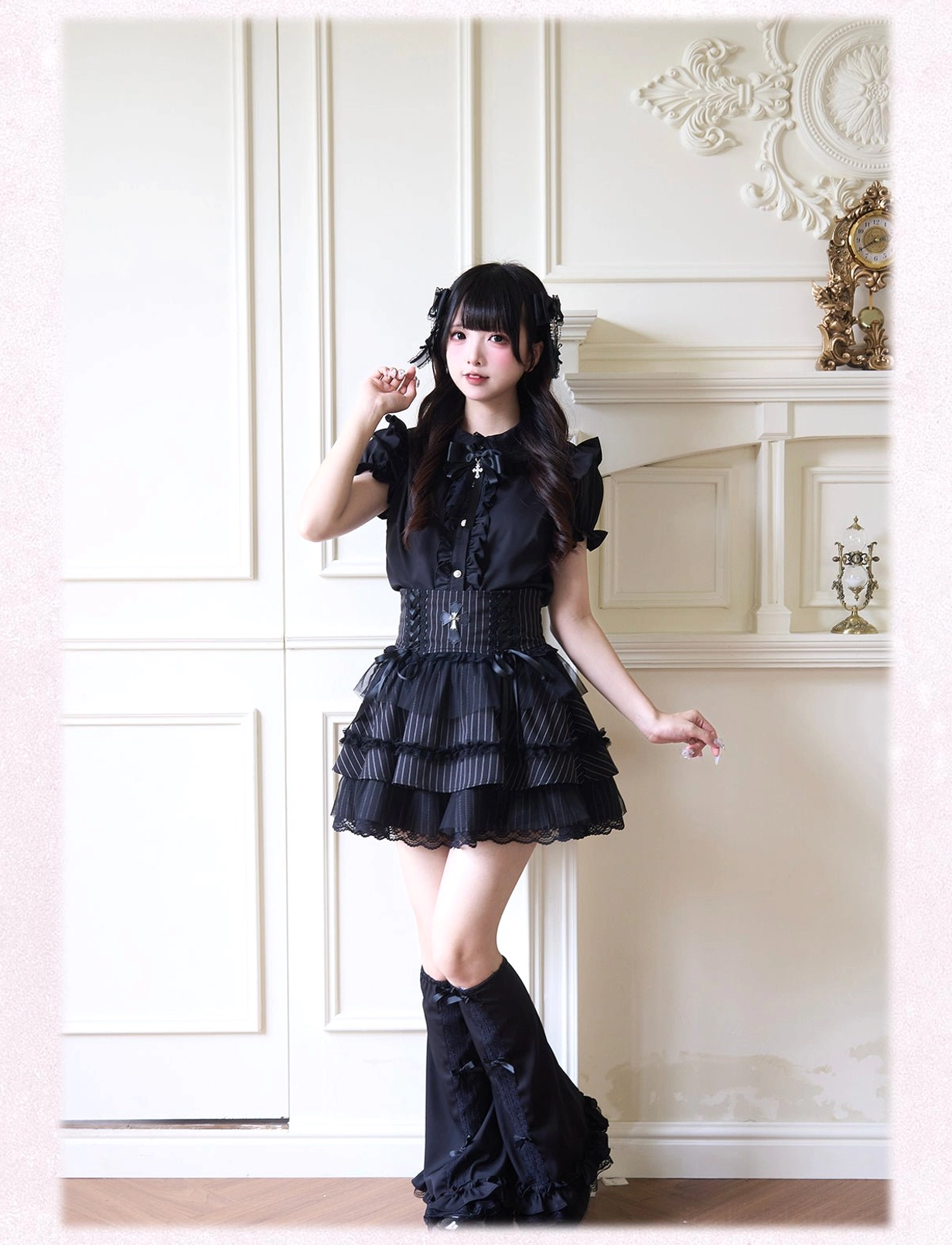 Jirai Kei blouse fabric detail and material composition showing polyester construction lace trim peter pan collar frill embellishments