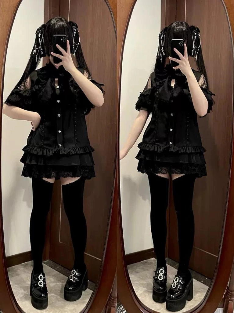 Jirai kei blouse fabric texture showcase featuring polyester material and chinlon lace quality with intricate pattern detail