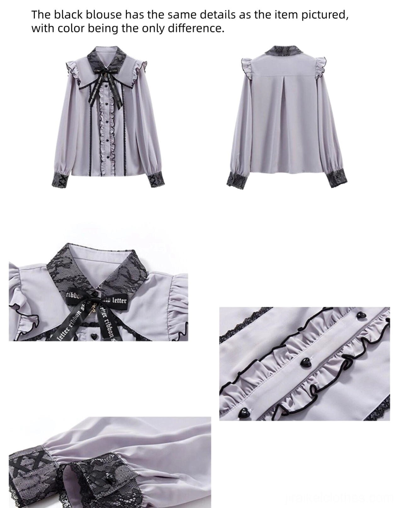 Flat lay detail shot of black Jirai Kei long sleeve blouse showing lace collar, ribbon bow tie attachment, and heart-shaped button embellishments