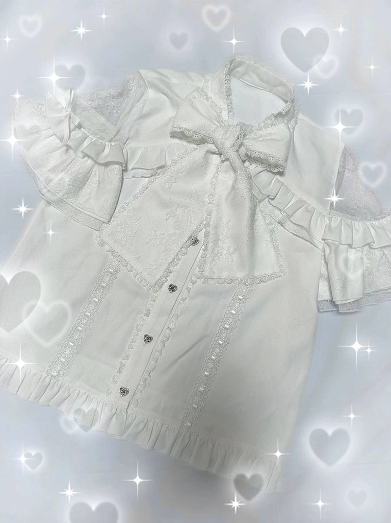 Jirai kei lace off-shoulder blouse detailed close-up of heart-shaped rhinestone button embellishments and delicate lace trim