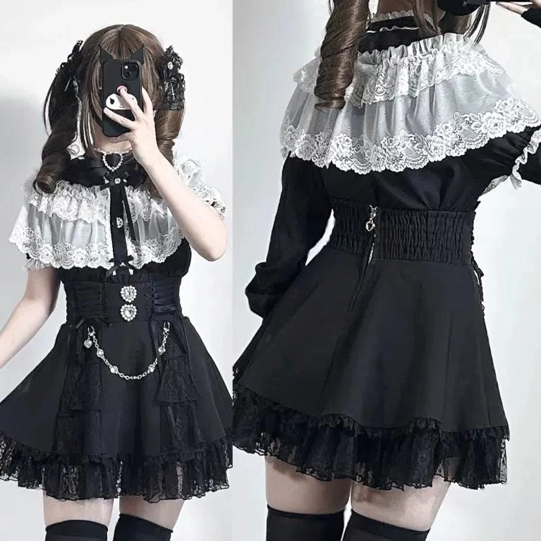 Jirai Kei blouse front and back dual display showing detachable lace cape ruched waist and back zipper closure details