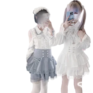 Jirai Kei blouse and lace trim skirt half-body mirror selfie with grey and white color scheme on models