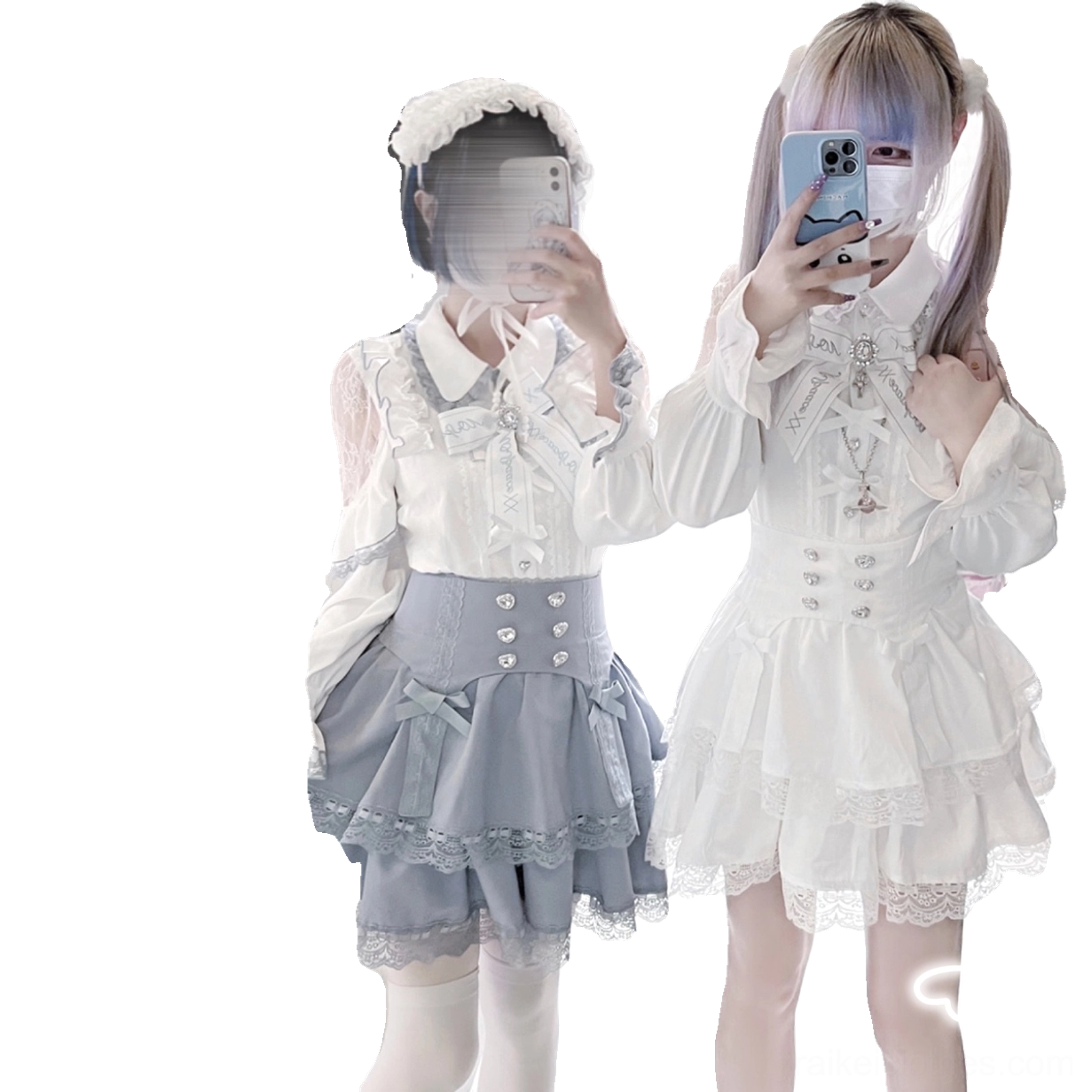 Jirai Kei blouse and lace trim skirt half-body mirror selfie with grey and white color scheme on models
