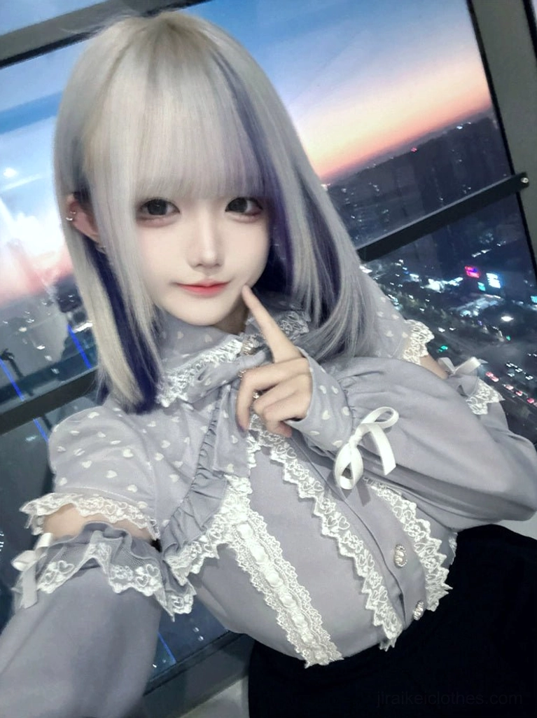 Jirai kei blouse lace trim detail shot showing quality construction and decorative elements