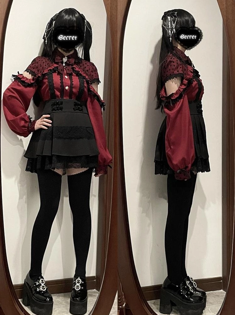 Jirai kei off-shoulder blouse fabric texture showing linen-chiffon blend and lace trim construction