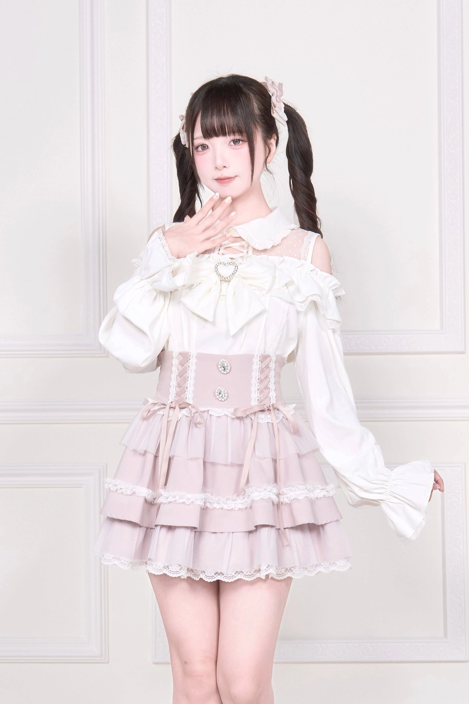 Cold-shoulder Jirai Kei blouse Peter Pan collar and flared cuff design detail construction
