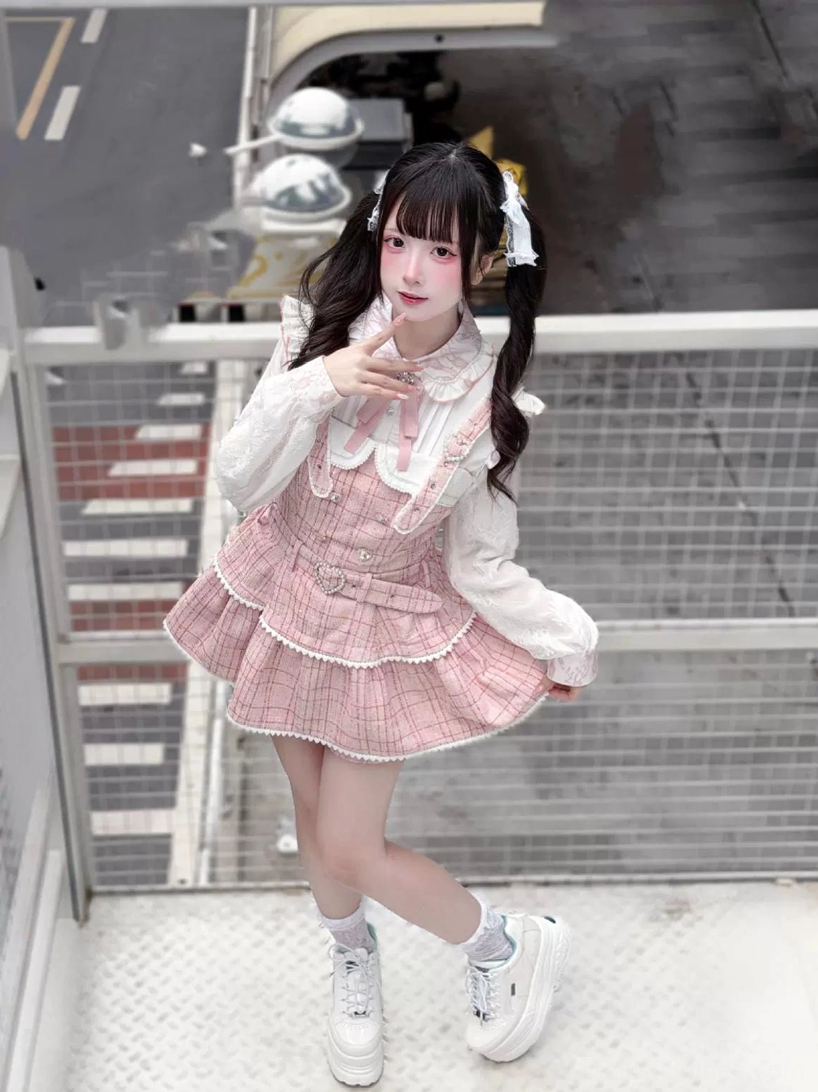 Jirai Kei peter pan collar blouse lace trim rhinestone buttons and detachable ribbon bow accent feature