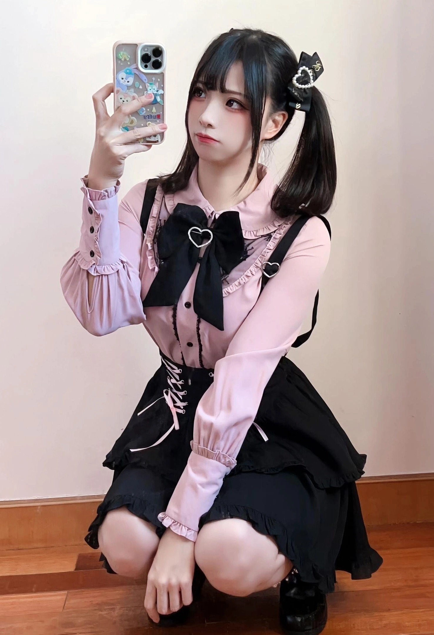 Detailed close-up of Jirai Kei blouse Peter Pan collar design with delicate ruffled placket front and short sleeve option showing authentic aesthetic construction