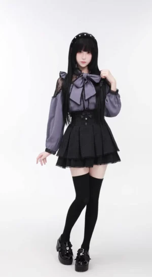 Jirai Kei blouse purple-black colorway with puff sleeves bow tie and lace shoulder detail model styling