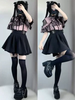 Jirai kei two-piece set dynamic front full-body shot showing pink lace blouse with heart waist buckles and ruffled flutter sleeves