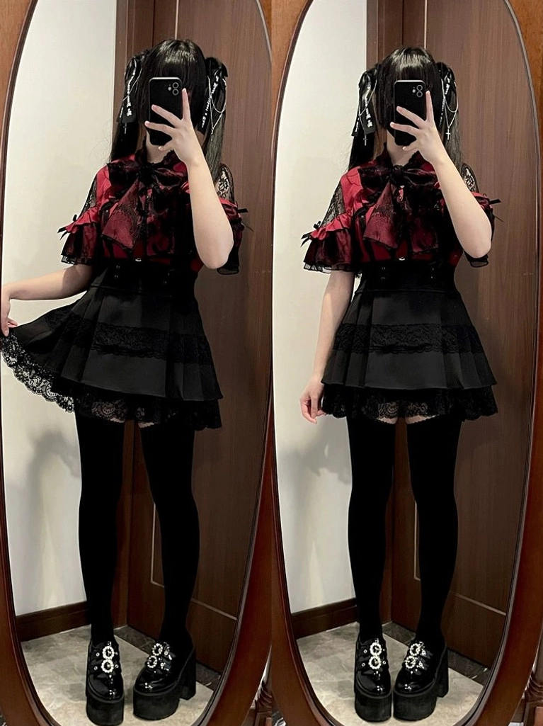 Jirai kei blouse size comparison L and XL showing fit proportions with black skirt styling full-body side-by-side