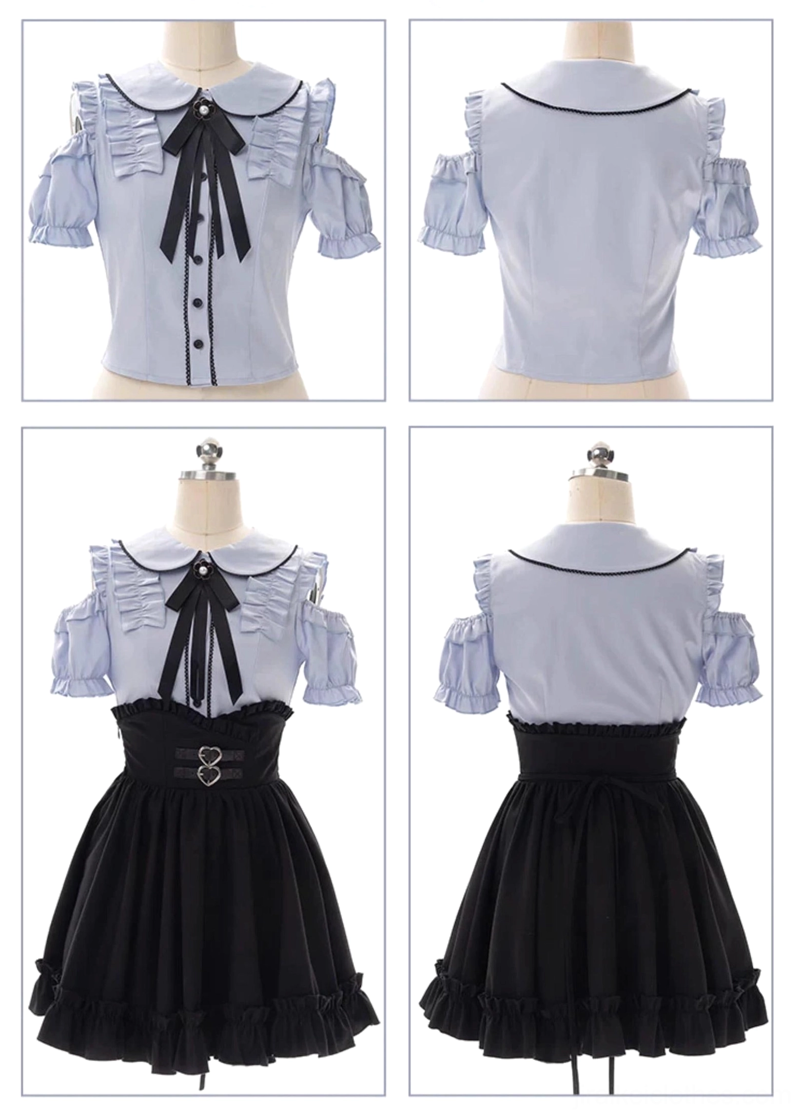 Care and maintenance guide visual for Jirai Kei cold-shoulder blouse and black ruffle skirt showing proper washing, drying, and storage recommendations
