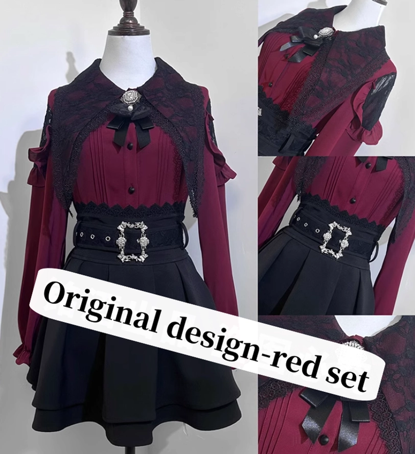 Jirai Kei blouse and skirt set flat lay composition showing color options red purple white dark sweet aesthetic