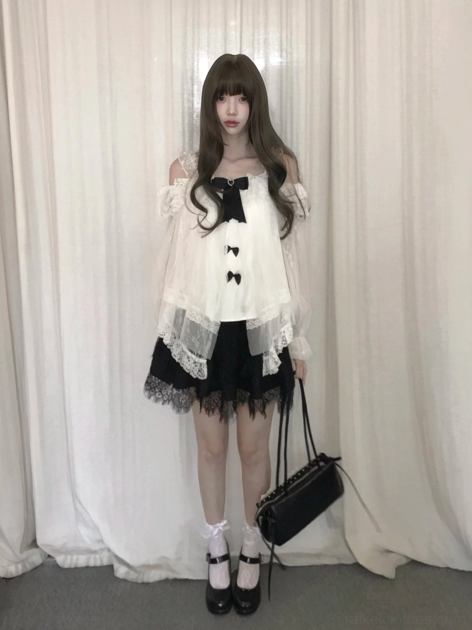 Full-body front view of Jirai Kei two-piece outfit worn indoors with model carrying black handbag, wearing white socks and Mary Jane shoes, showing complete alternative fashion coordination
