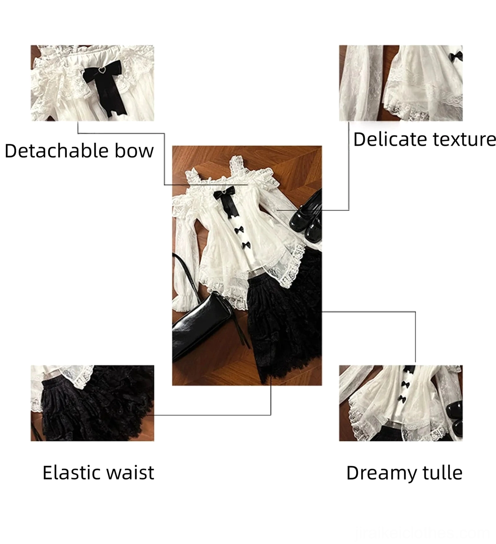 Product detail infographic collage featuring close-up shots of detachable black satin bow, elastic waist construction, delicate tulle texture, and lace trim embellishments with feature labels