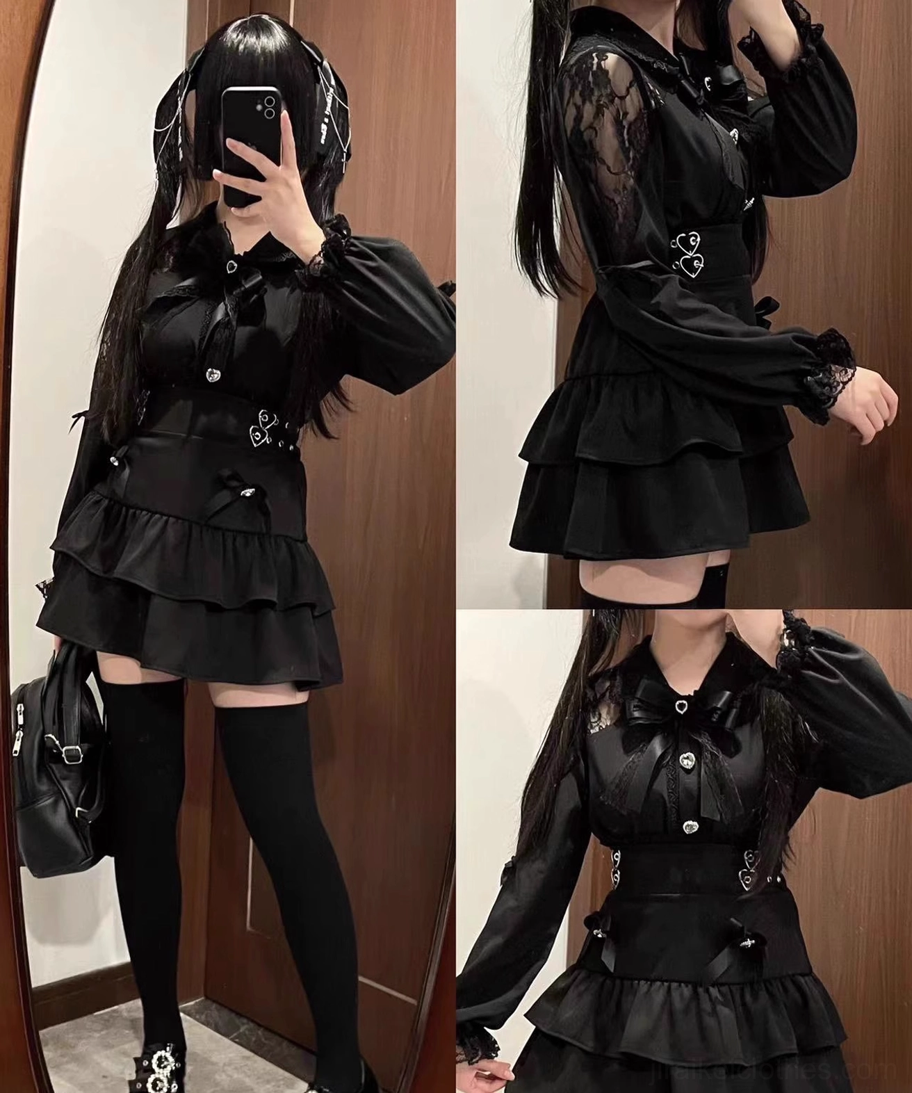 Jirai Kei two-piece set color variations black water blue pink showing lace peter pan collar and skirt construction options