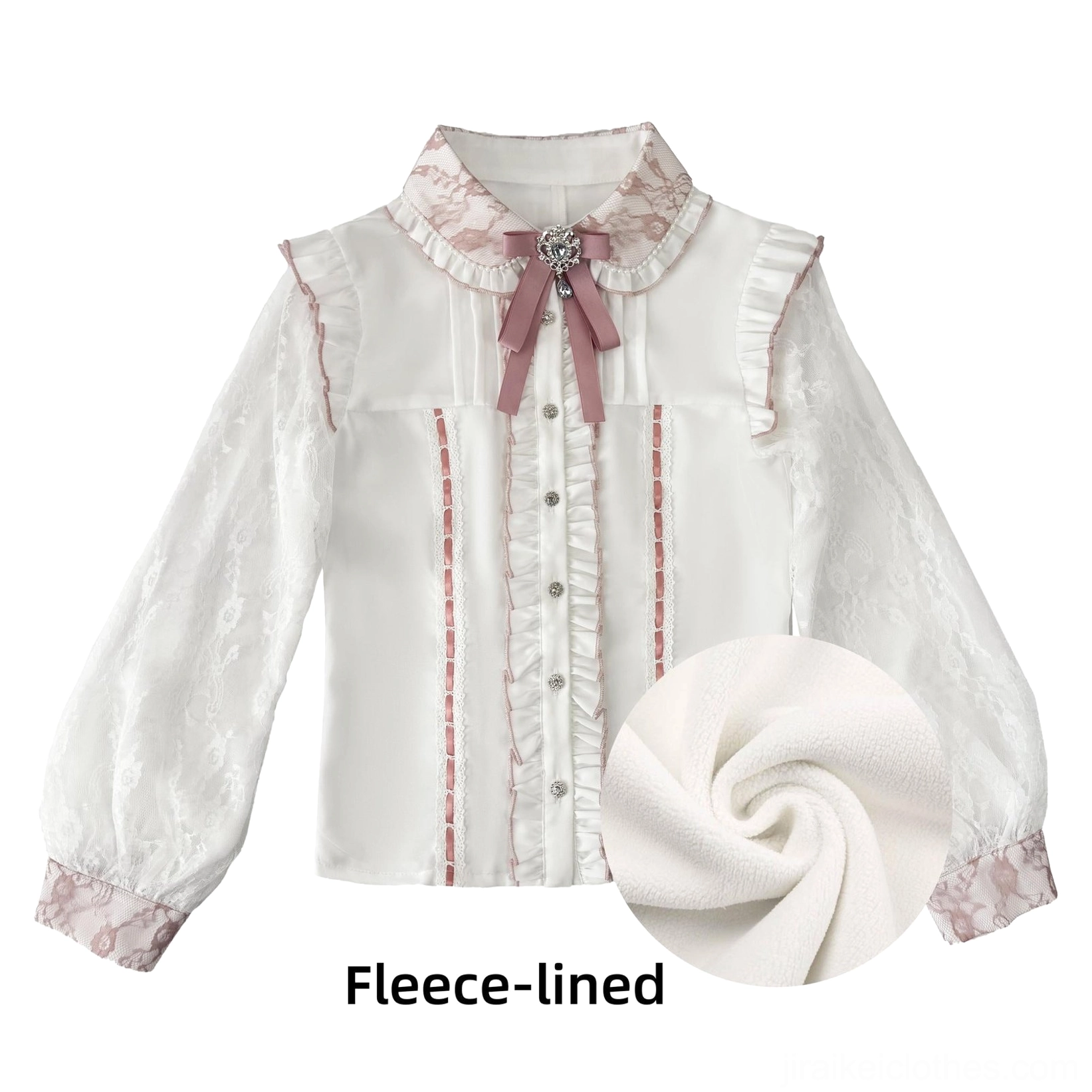 Jirai Kei blouse sleeve cuff lace trim and button detail close-up showing craftsmanship quality construction