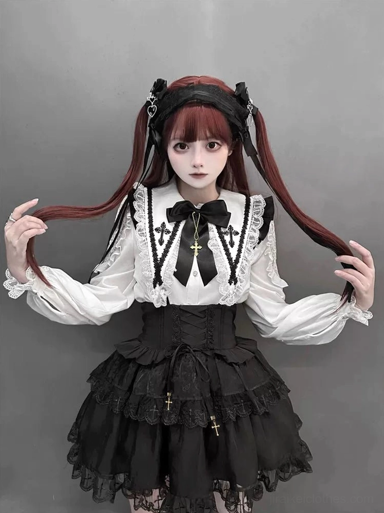 Jirai Kei cross pendant flutter sleeve blouse and black suspender skirt set front view twin-tail model gray backdrop