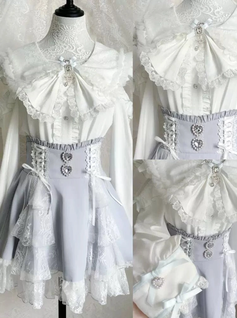 White and blue Jirai Kei blouse styling combinations with skirt and accessories suggestions
