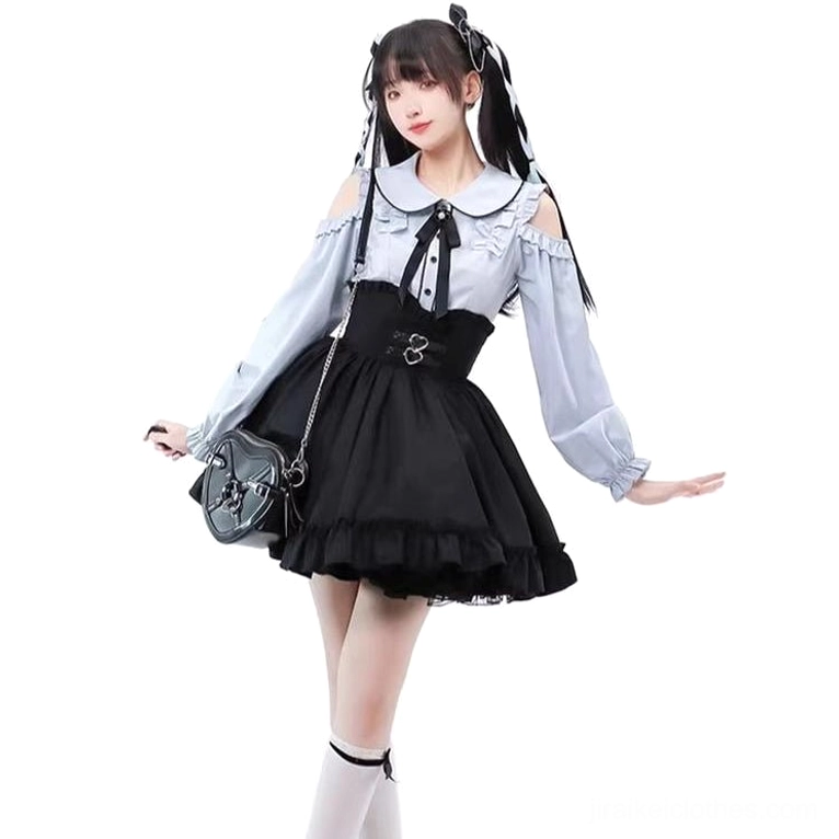 Three-quarter side view of Jirai Kei two-piece ensemble showing blue cold-shoulder blouse voluminous sleeves, black multi-layer ruffled skirt silhouette, and crossbody mini bag styling