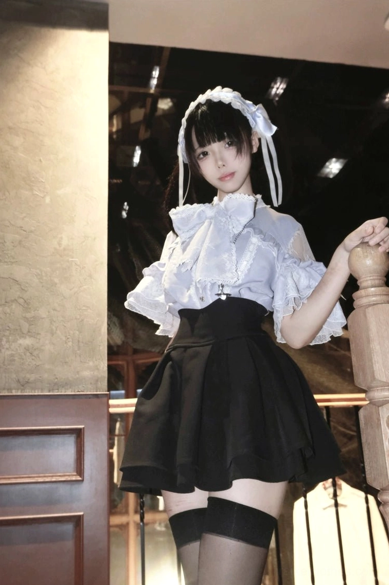 Blue jirai kei blouse front full-body modeling shot with off-shoulder cut and delicate lace trim contemporary styling