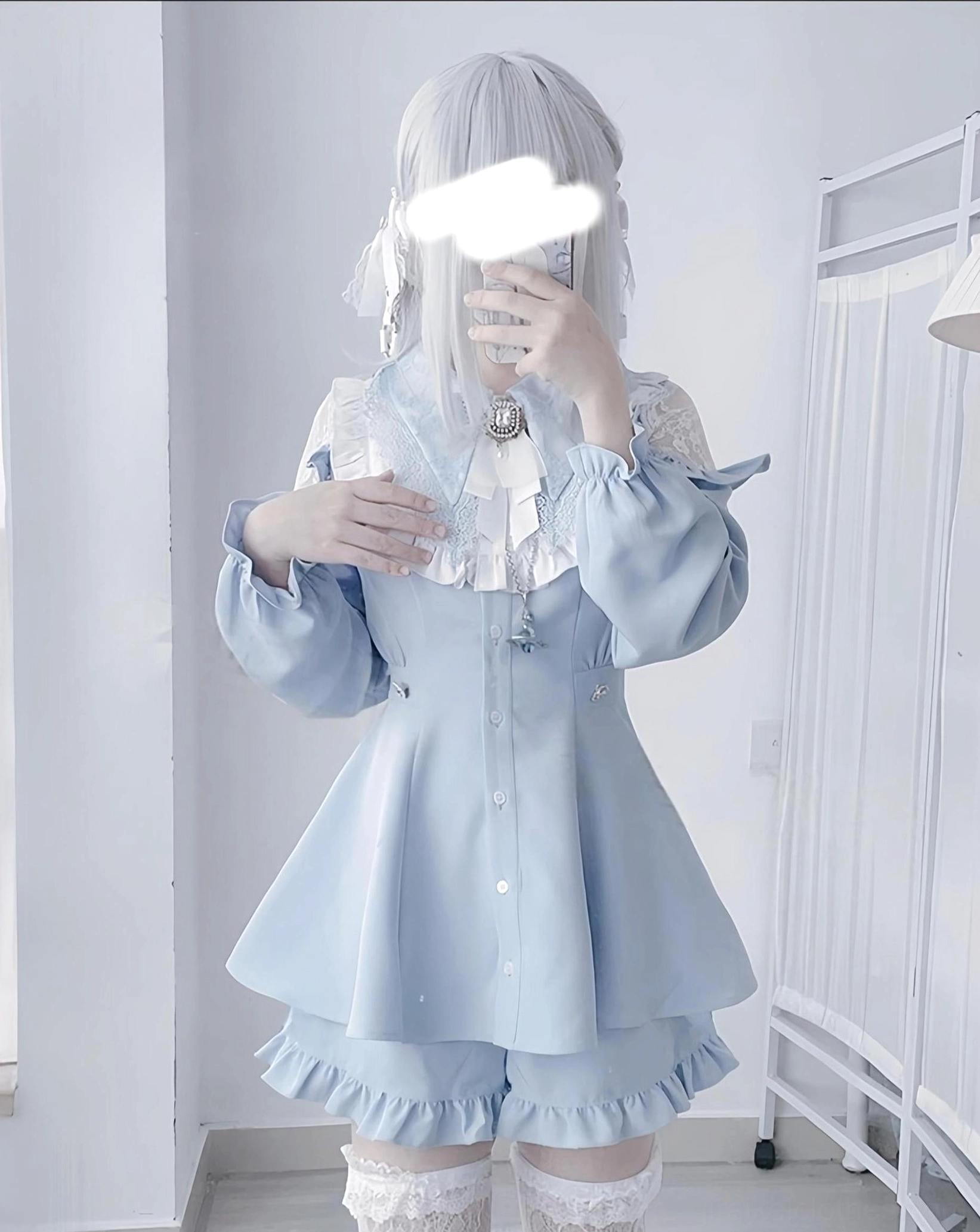 Blue Jirai Kei dress set long-sleeved alternative color showing softer tone while maintaining core subculture elements