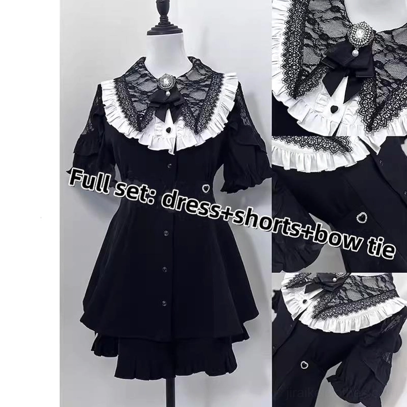Blue Jirai Kei dress set long-sleeved alternative color option with lace puritan collar and elastic off-shoulder sleeves