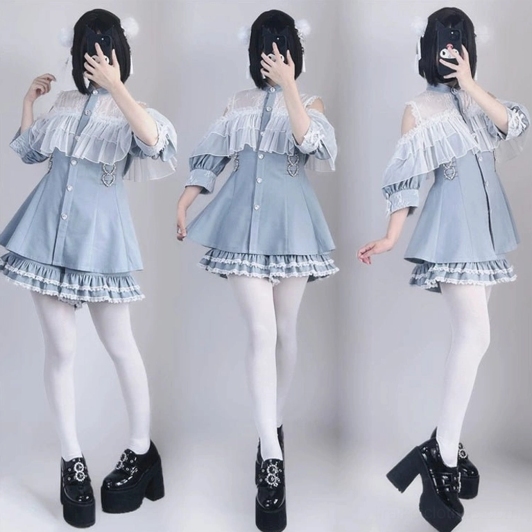 Blue Jirai Kei dress and shorts set off-shoulder design heart buckles and puff sleeves front styling view