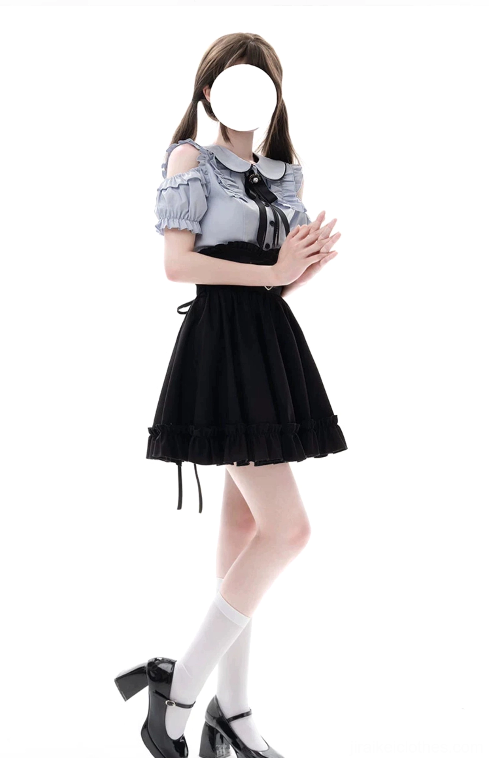 Styled full-body front view of Jirai Kei ensemble showing light blue open-shoulder blouse, black ruffled skirt, coordinated accessories, and authentic subculture aesthetic presentation